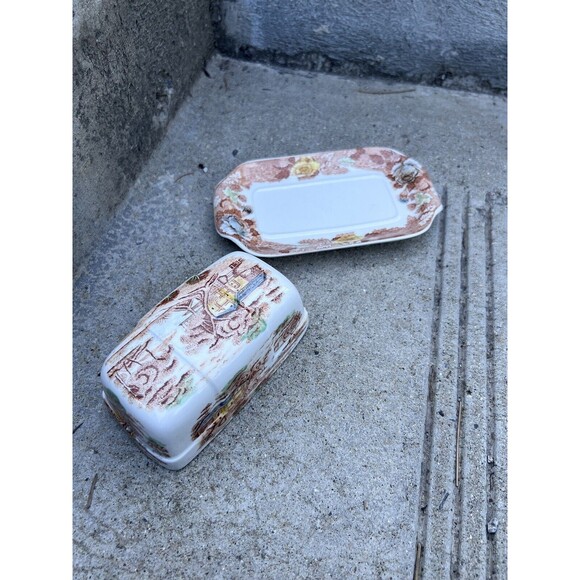 Vtg Nasco Butter Dish 1940s MCM Mountain Woodland Design Glossy Large 7" - Picture 3 of 5